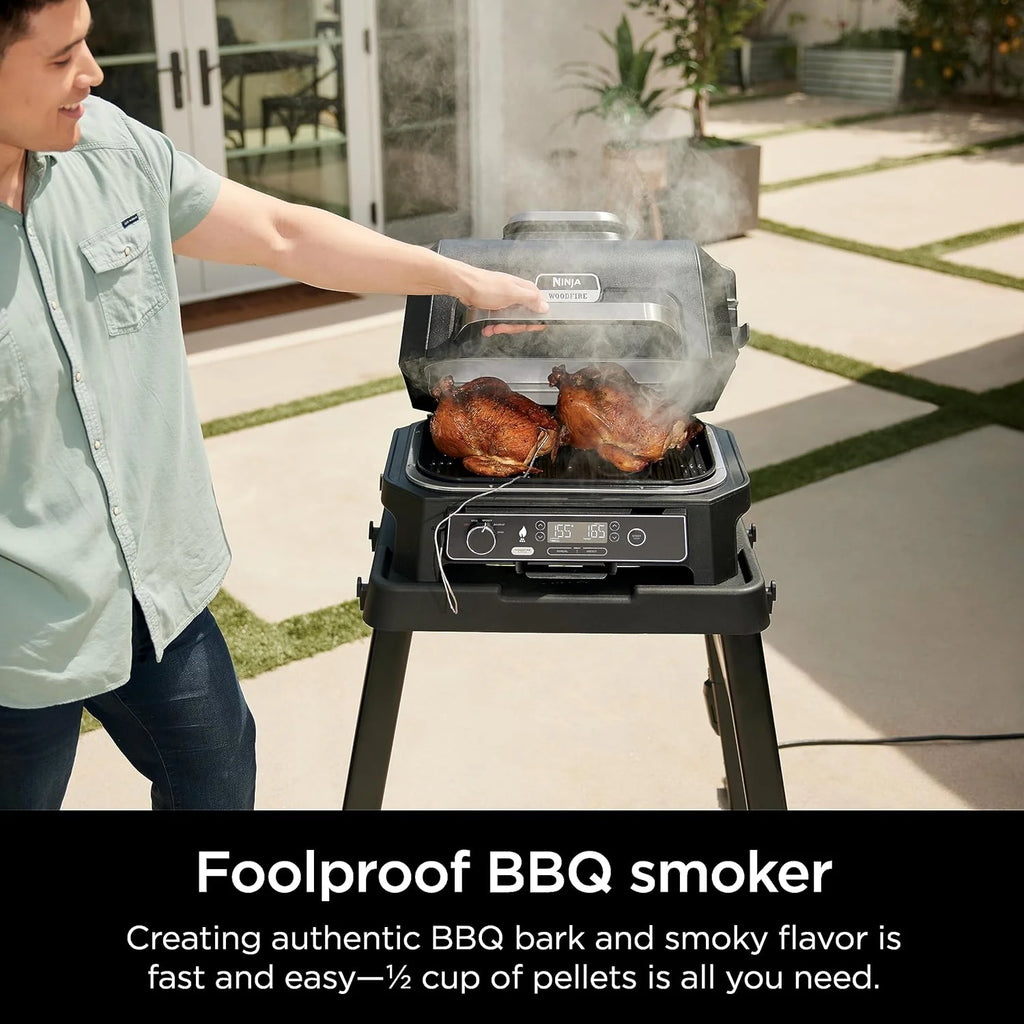 7-in-1 Grill  Smoker with Thermometer, Air Fryer, BBQ, Bake, Roast, Broil - Portable Electric Outdoor Grill, Grey(XL Grill + Thermometer)