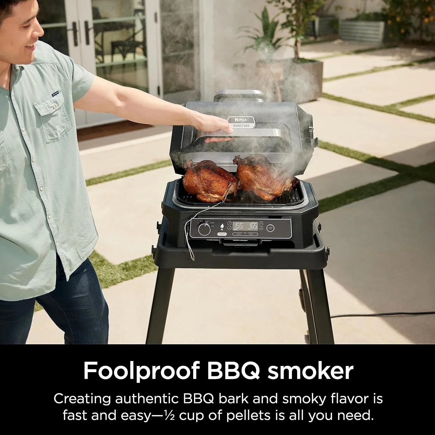 7-in-1 Grill  Smoker with Thermometer, Air Fryer, BBQ, Bake, Roast, Broil - Portable Electric Outdoor Grill, Grey(XL Grill + Thermometer)