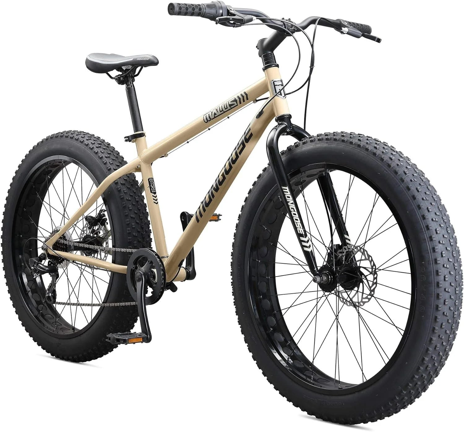 Malus Mens and Women Fat Tire Mountain Bike, 26-Inch Bicycle Wheels, 4-Inch Wide Knobby Tires, Steel Frame, 7 Speed Drivetrain, Shimano Rear Derailleur, Disc Brakes(Tan)