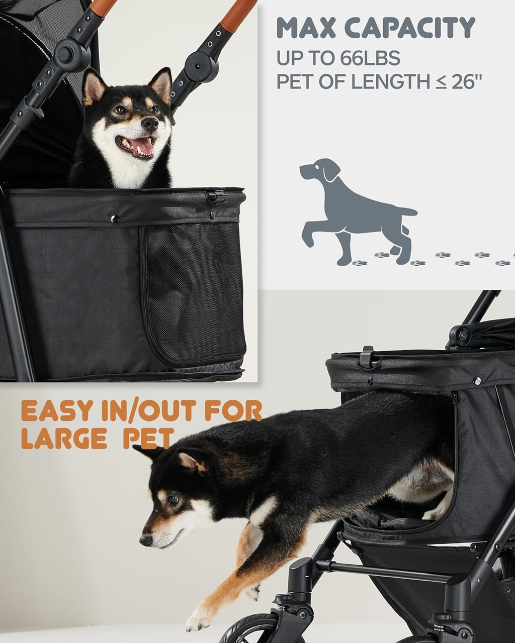 Medium Pet Stroller for Dogs Up to 66lbs, Adjustable Handle, 180 ? Canopy, 4 Wheels for Medium/Large Dogs and Cats, Waterproof Pad