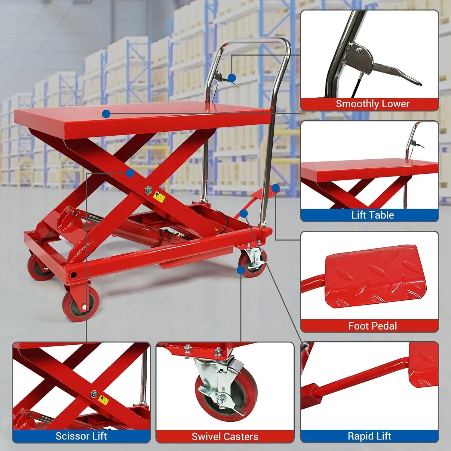 500LBS Hydraulic Lift Table Cart, 30" Lifting Height., Double Scissor Lift Table with 4 Wheels and Non-Slip Pad, Hydraulic Scissor Lift Table for Material Handling and Transportation(660 Pounds)