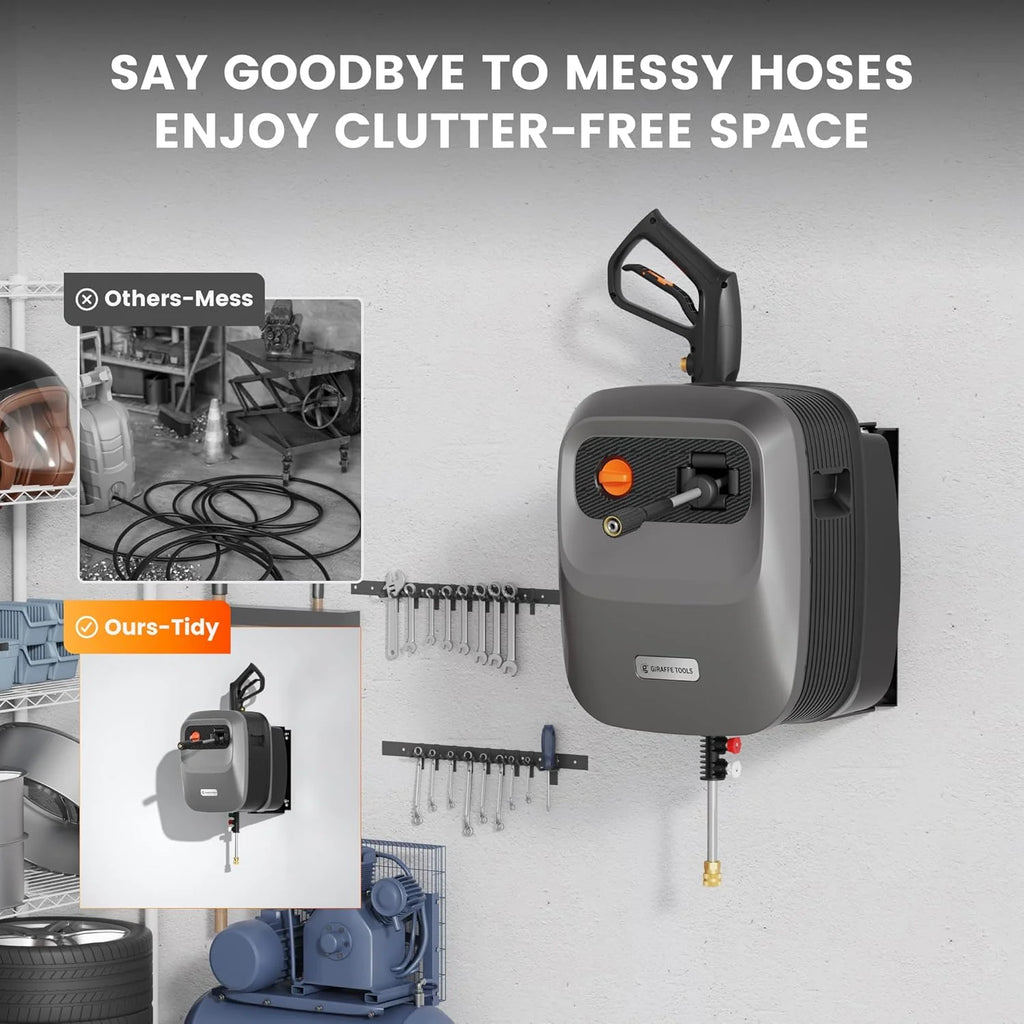 Pressure Washer G20 Pro, 2500 PSI 2.2 GPM, 180° Wall Mounted Power Washer, Auto-retract with 65FT Hose Reel, 5 Nozzles for Floor/Cars/Fences/Patios, Dark Silver(G20 Pro 65ft Ultra-soft Pressure Hose/Light Silver)