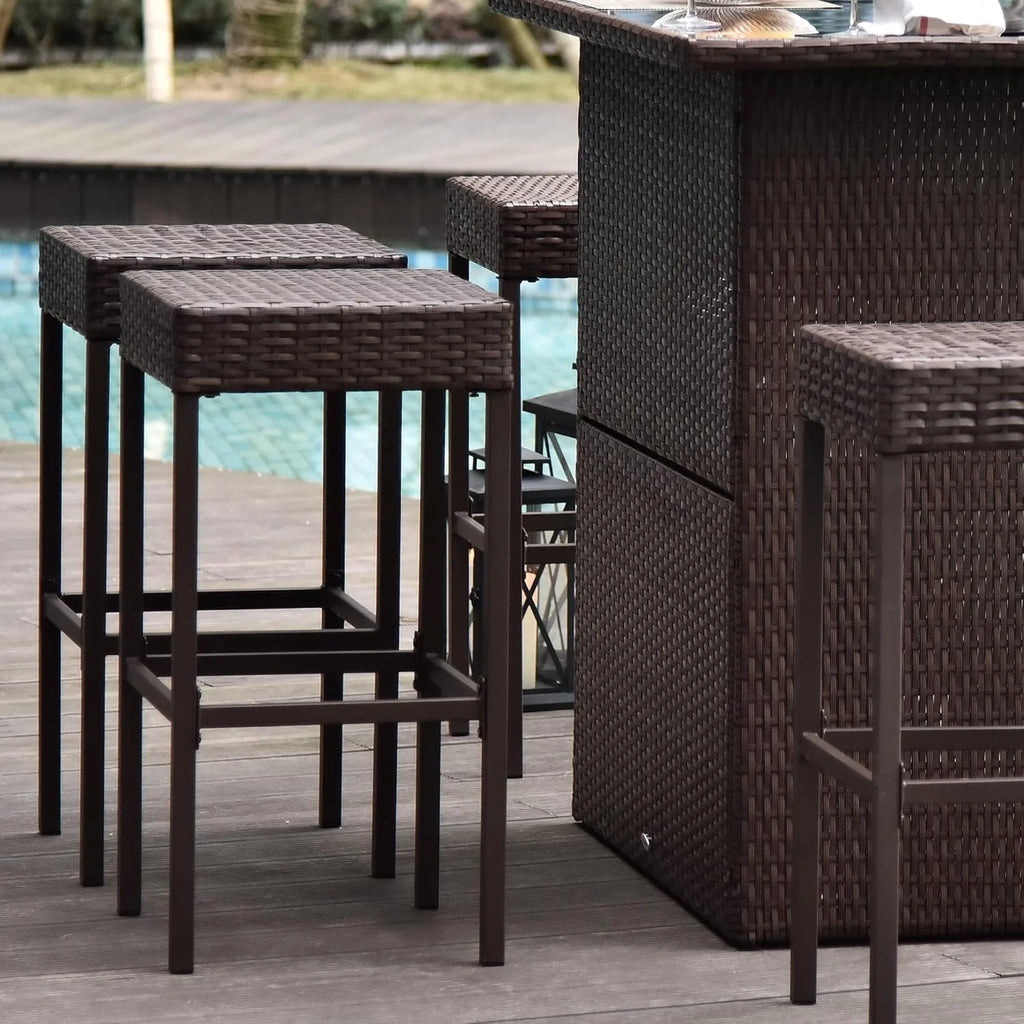5-Piece Gray PE Rattan Outdoor Bar Set with Glass Table  4 Stools(Dark Brown)