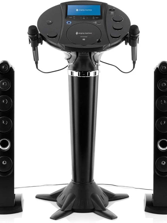 Portable WiFi Karaoke Machine for Adults – Black Pedestal with 7” Touchscreen, Built-In Speaker, Bluetooth, Recorder  2 Wired Microphones