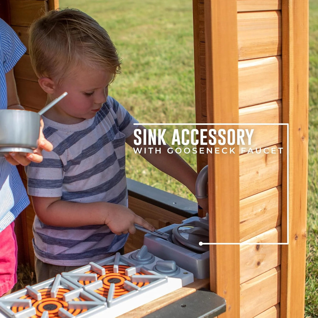Children's playhouse cabin, equipped with a game kitchen, snack bar, half-door, toy phone, windows, flower pot stand and an operable doorbell, suitable for creative outdoor games.(Light Brown)