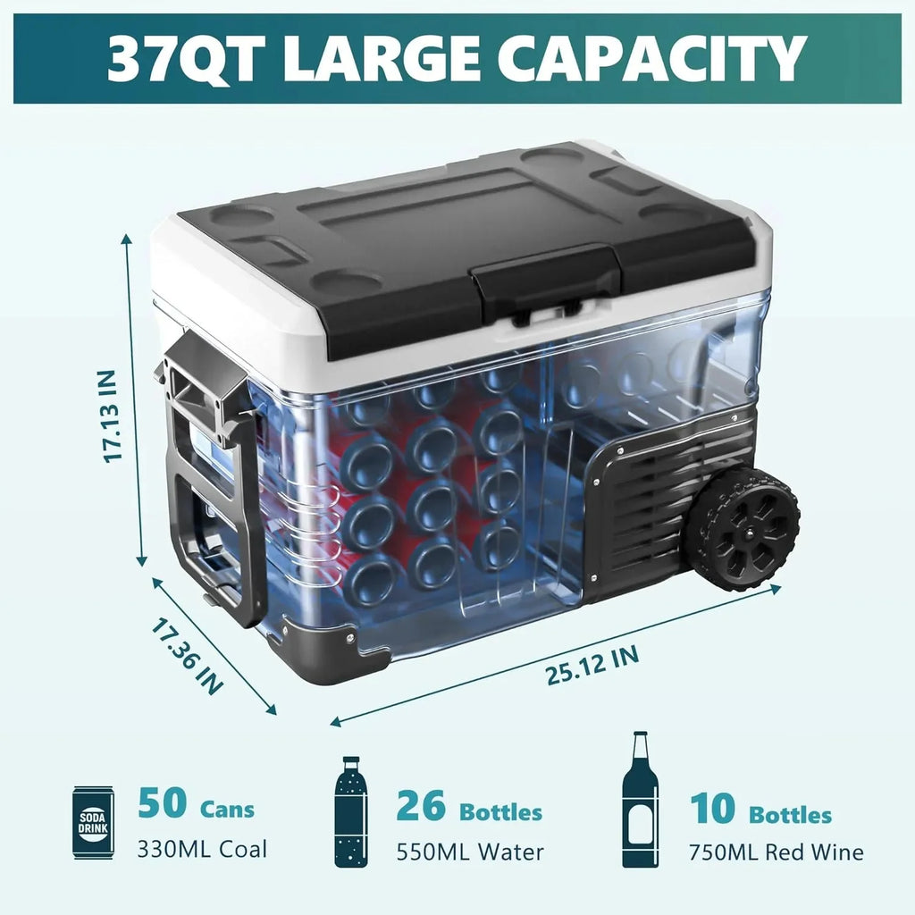 12 Volt Refrigerator, 53QT(50L) Electric Cooler, Portable Freezer 12V/24V DC 110-240V AC, 12V Fridge -4~68, 12V Cooler with Wheels  2 Baskets for Travel, Truck, Boat, Camping(37 Quart)