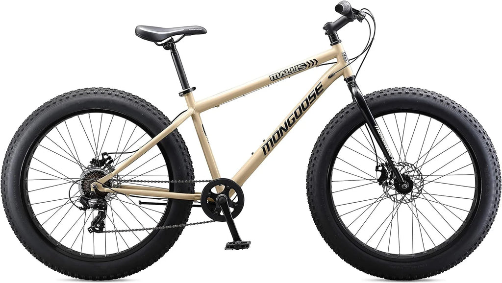 Malus Mens and Women Fat Tire Mountain Bike, 26-Inch Bicycle Wheels, 4-Inch Wide Knobby Tires, Steel Frame, 7 Speed Drivetrain, Shimano Rear Derailleur, Disc Brakes(Tan)