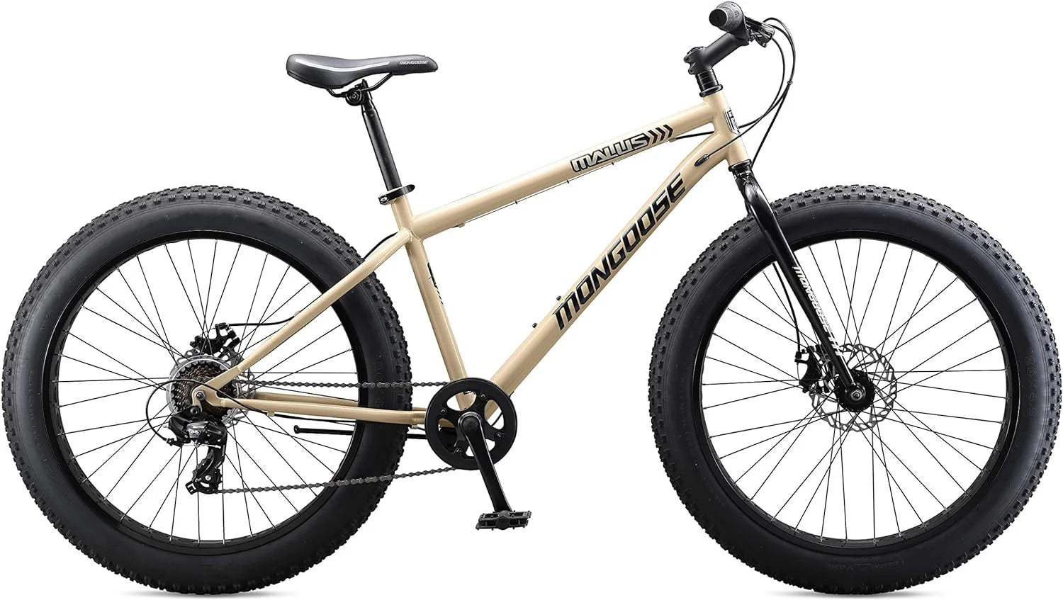 Malus Mens and Women Fat Tire Mountain Bike, 26-Inch Bicycle Wheels, 4-Inch Wide Knobby Tires, Steel Frame, 7 Speed Drivetrain, Shimano Rear Derailleur, Disc Brakes(Tan)