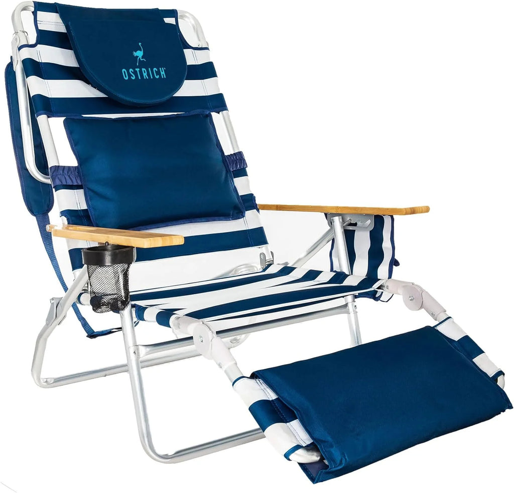 Deluxe 3 in 1 Beach Chair with Face Opening - Portable, Reclining Lounger for Tanning - Face Hole for Reading on Stomach - Padded Footrest, Removable Pillow - Aluminum(Striped)