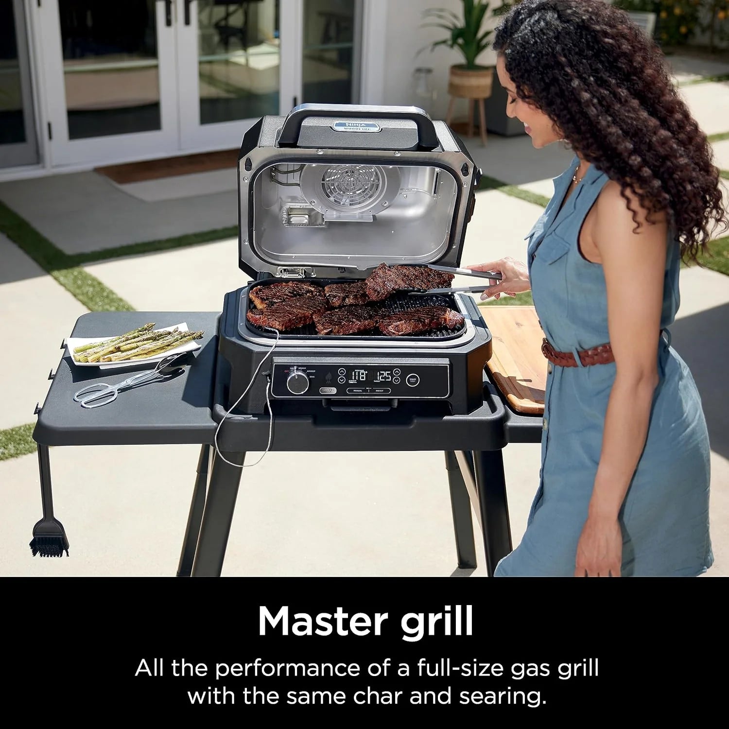 7-in-1 Grill  Smoker with Thermometer, Air Fryer, BBQ, Bake, Roast, Broil - Portable Electric Outdoor Grill, Grey(XL Grill + Thermometer)