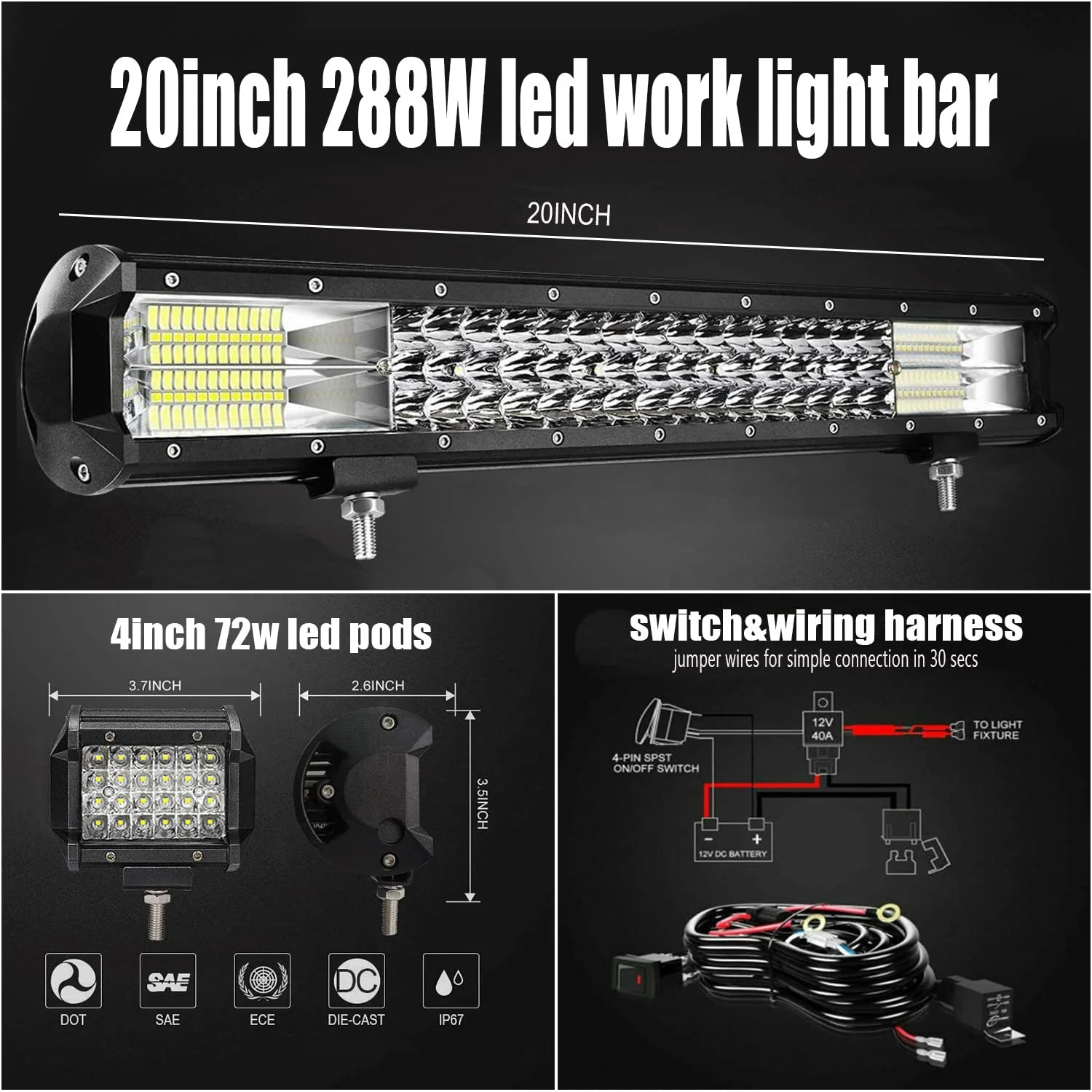 20in Triple Row led Light bar, 288W Waterproof Spot Flood Combo Automotive Work Light Bars+4pcs 72w led pods with Wiring Harness,for Off Road,Truck,Car,ATV,SUV,4X4,Boat,Tractor,Trailers C51