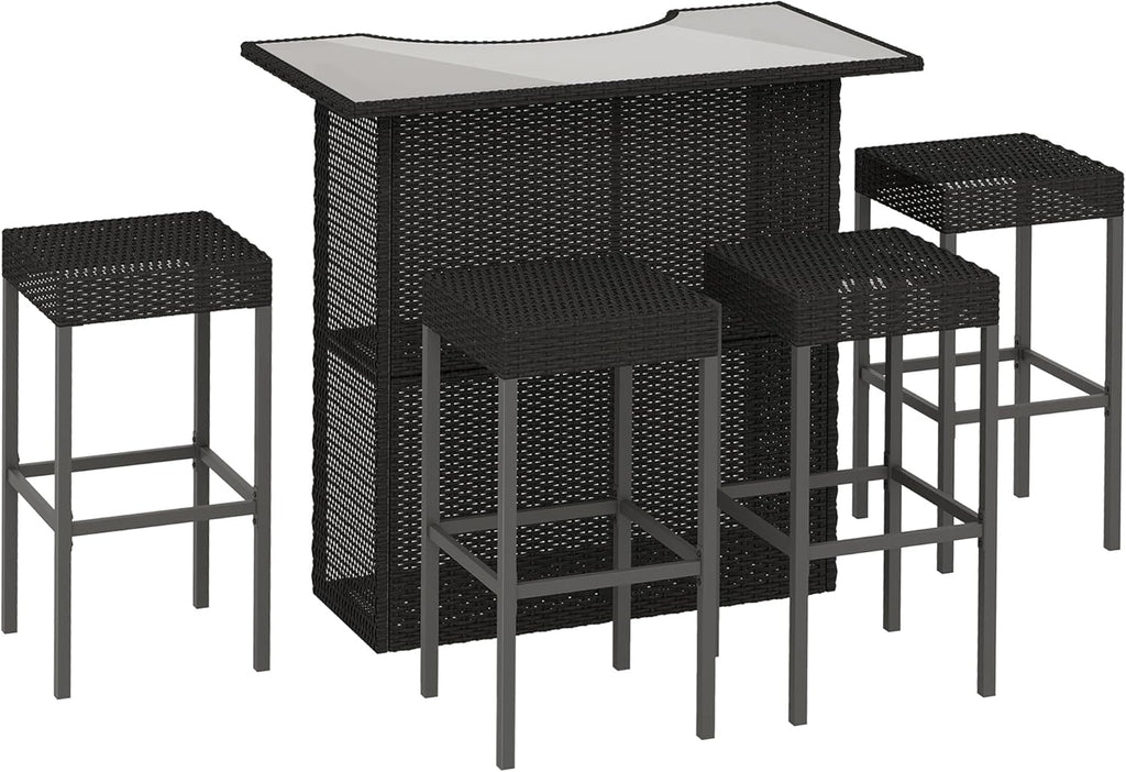 5-Piece Gray PE Rattan Outdoor Bar Set with Glass Table  4 Stools(Dark Brown)