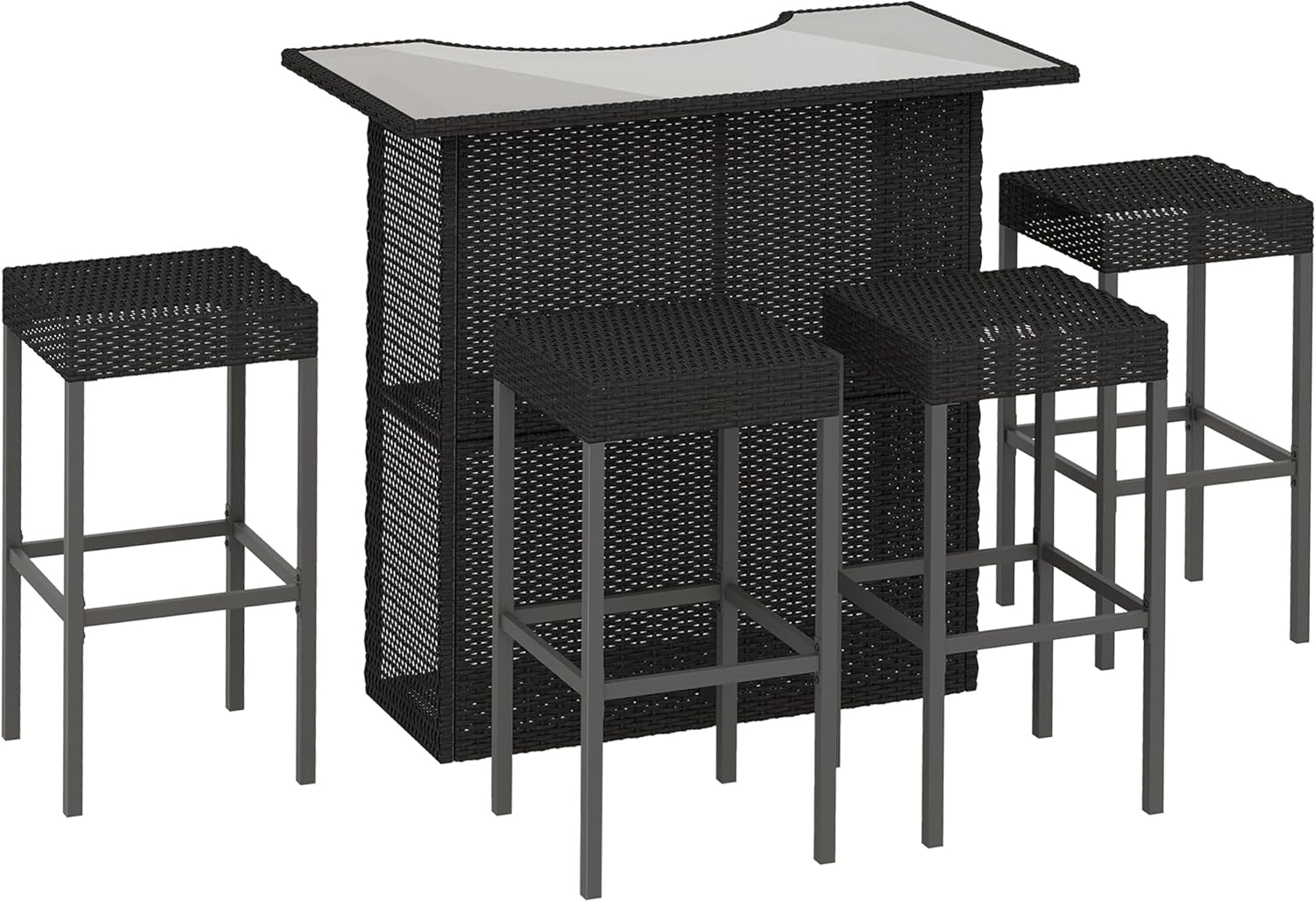 5-Piece Gray PE Rattan Outdoor Bar Set with Glass Table  4 Stools(Dark Brown)