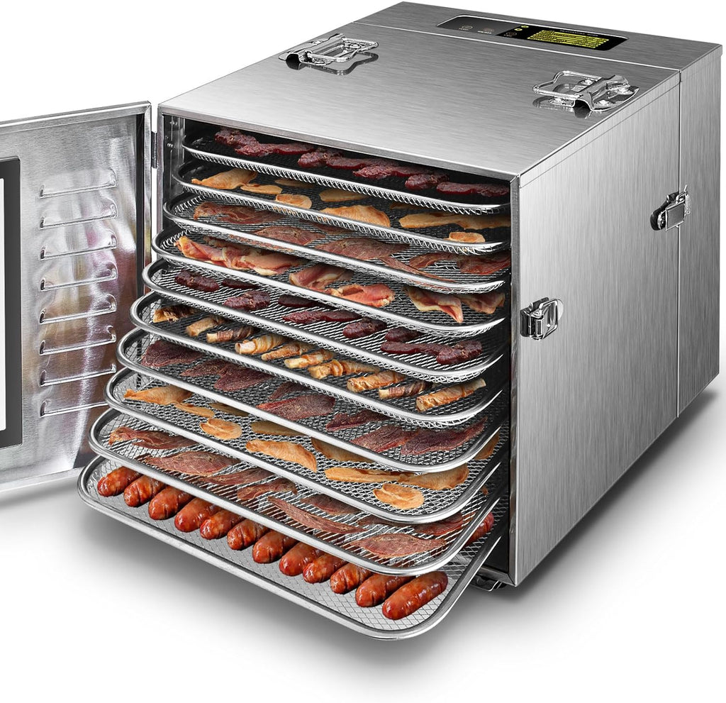 Commercial Large 10 Trays Food Dehydrator, Usable Area up to 17ft2, 1000W Detachable Full Stainless Steel Dryer Machine, up to 190℉ Temperature, for Meat, Fruit, Beef, Herbs, and Pet Food(5-Pack Silicon Trays with Edge)