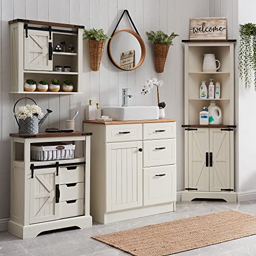 OKD Bathroom Floor Cabinet, Farmhouse Storage Cabinet with Sliding Barn Door  Storage Drawers