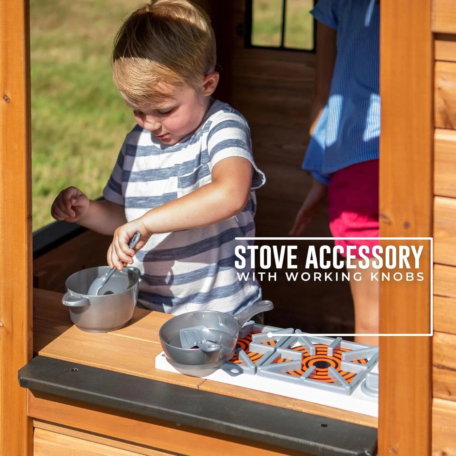 Children's playhouse cabin, equipped with a game kitchen, snack bar, half-door, toy phone, windows, flower pot stand and an operable doorbell, suitable for creative outdoor games.(Light Brown)