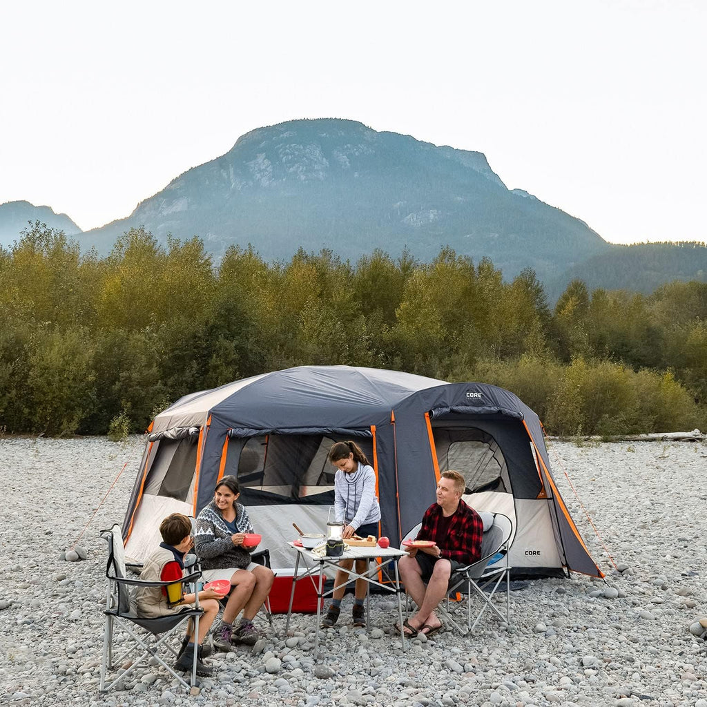 CORE Straight Wall Cabin Tents | 10 Person / 11 Person / 12 Person Large Multi Room Family Tents for Car Camping  Outdoor Adventures(10 Person With Full Rainfly)