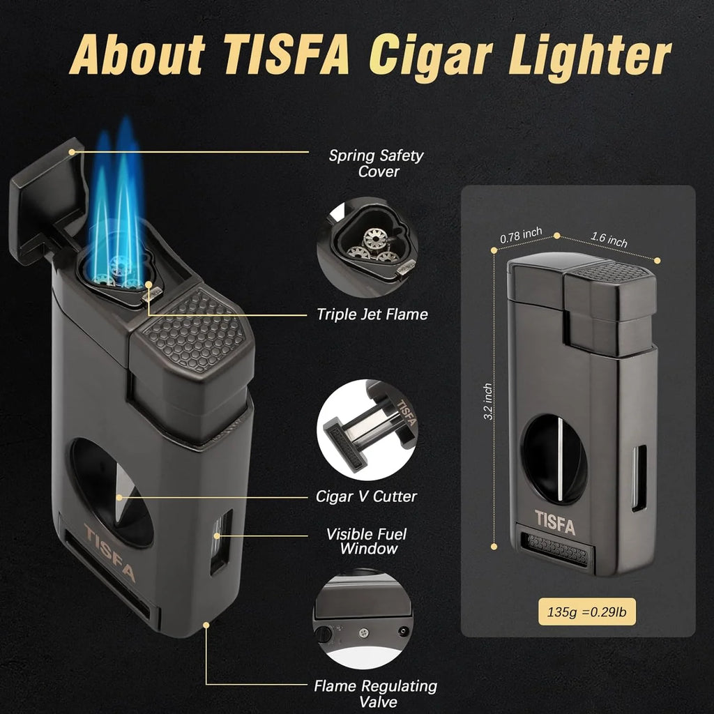 Cigar Humidor, Leather Cedar Wood Cigar Case with Cigar Lighter, V Cut Cigar Cutter, Cigar Holder 3 in 1, Portable Travel Cigar Humidor Box with Humidifier (Black)(Brown)