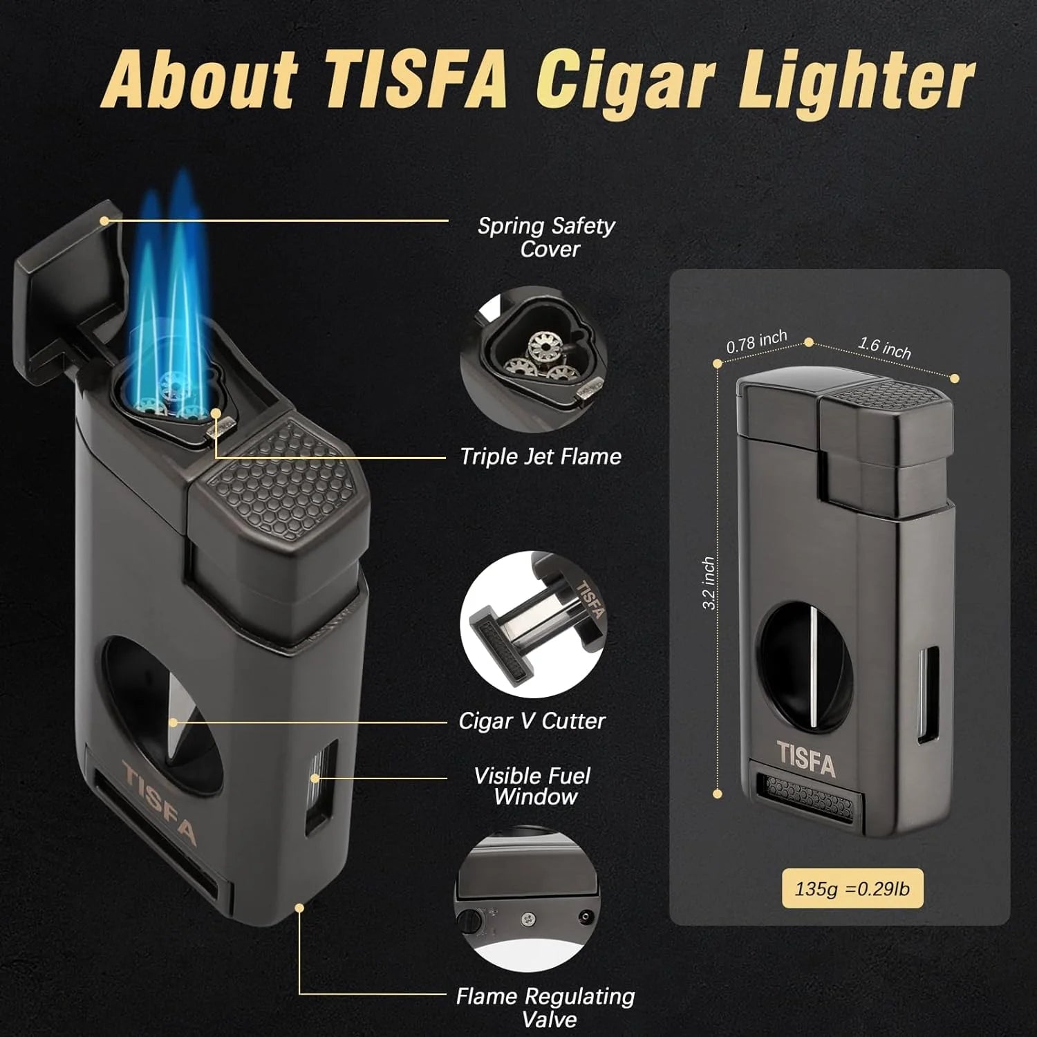 Cigar Humidor, Leather Cedar Wood Cigar Case with Cigar Lighter, V Cut Cigar Cutter, Cigar Holder 3 in 1, Portable Travel Cigar Humidor Box with Humidifier (Black)(Brown)