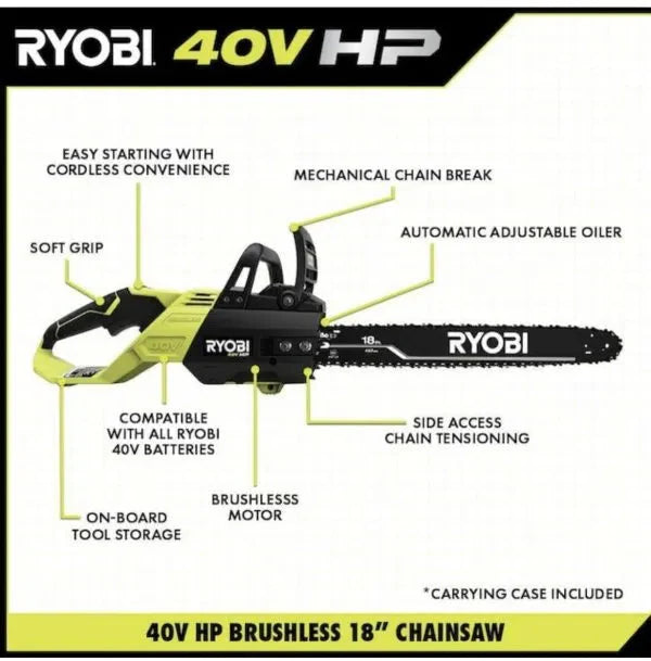 Ryobi 18" 40V Cordless Chainsaw Kit with Battery  Charger, Green