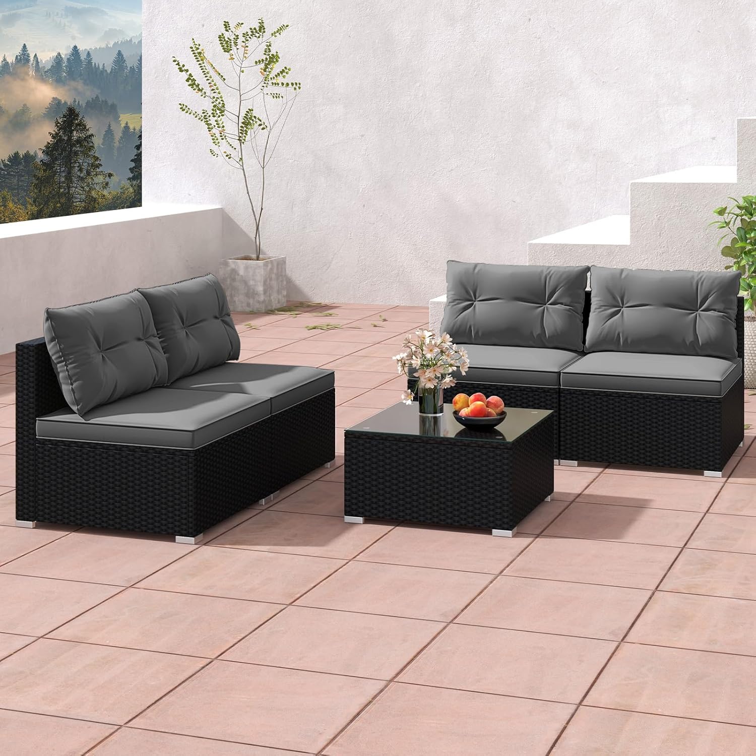 5-Piece Dark Rattan Patio Furniture Set, Outdoor Sofa with Glass Coffee Table(Navy)