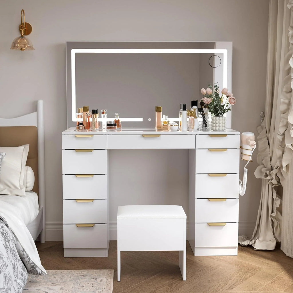 Glass Top Vanity Desk with Mirror and Lights, 11 Drawers Makeup Vanity with Golden Handles, 3 Lighting Modes Upgraded Silent Slides Vanity Desk with Bench, Portable Mirror and Power Putlet