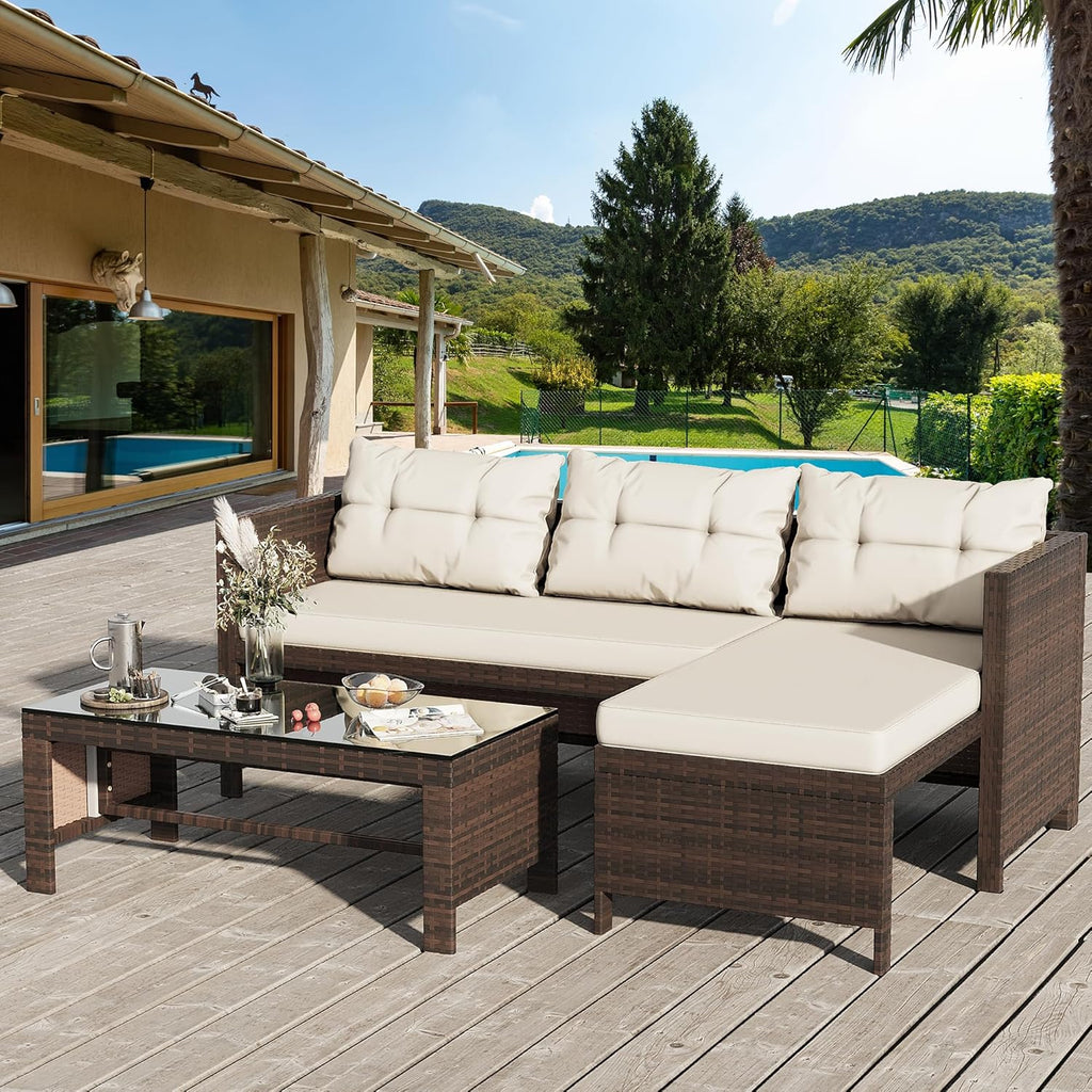 Outdoor Patio Furniture Sets, Wicker Patio sectional Sets 3-Piece, All Weather Wicker Rattan Patio Seating Sofas with Glass Coffee Table and Cushion (Beige)(Beige Cushion)