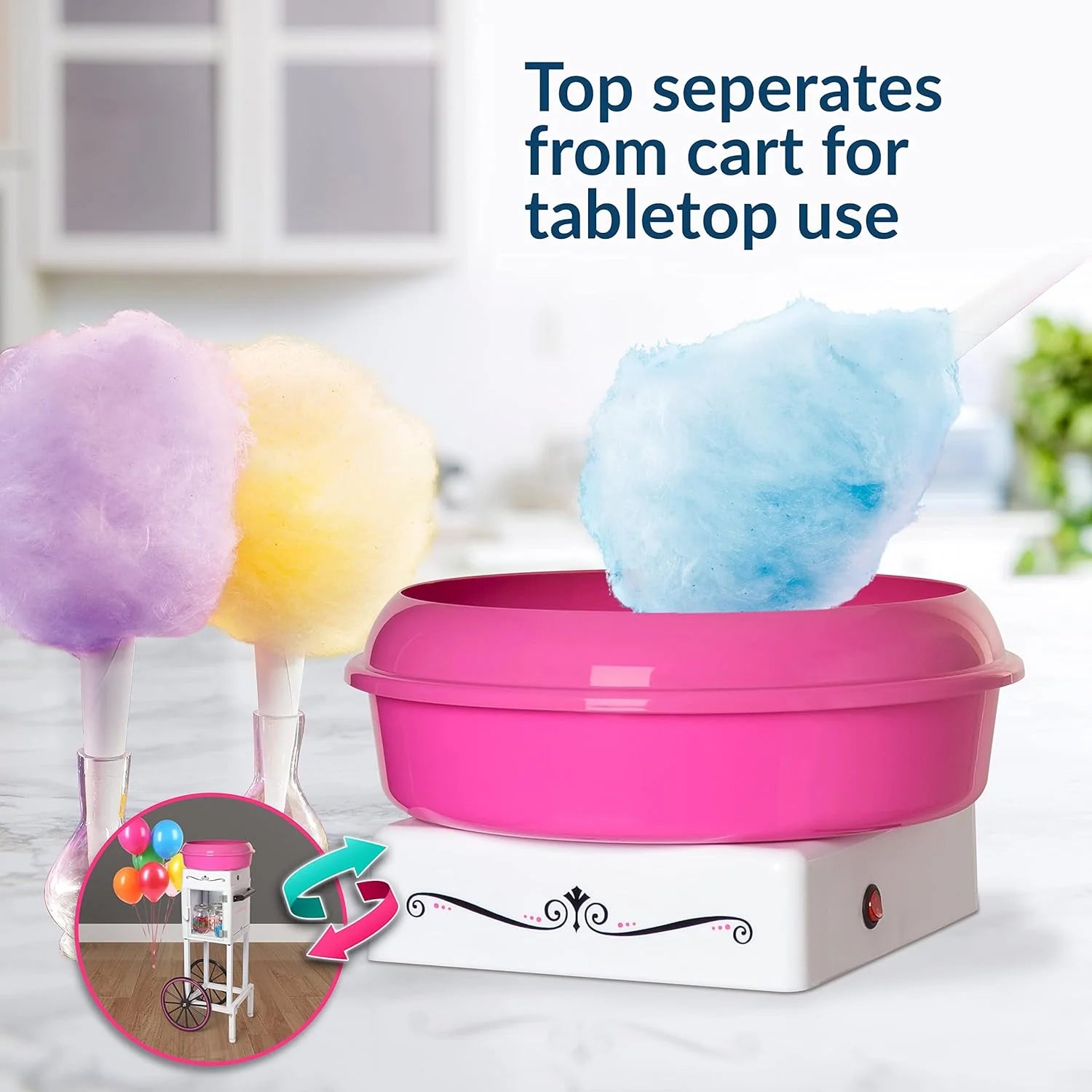 Nostalgia Professional Cotton Candy Cart, Vintage Candy Cart with Serving Shelf, 3 Bowls With Lids  Spoons, 13-in Rubber Wheels, Pull Handle, Includes 4 Reusable Cones  Wire Cleaning Brush, Pink(Pink)