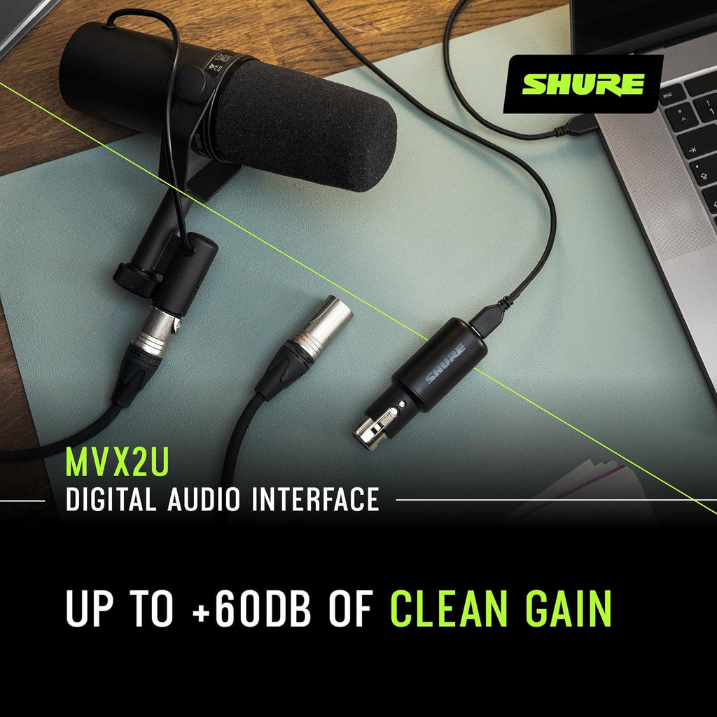 Digital Interface with Headphone Jack, Integrated Pre-amp with 60dB Gain Control, Zero-Latency Monitoring, 48V Phantom Power, ShurePlus Desktop App, 1m USB-C Cable