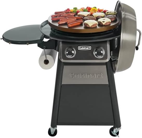 22" 360° Flat Top Outdoor Gas Grill, 30,000BTU Burner, Stainless Steel Vent Cover  Foldable Shelf(360° Griddle Cooking Center/Gas Grill + Cover， Black)