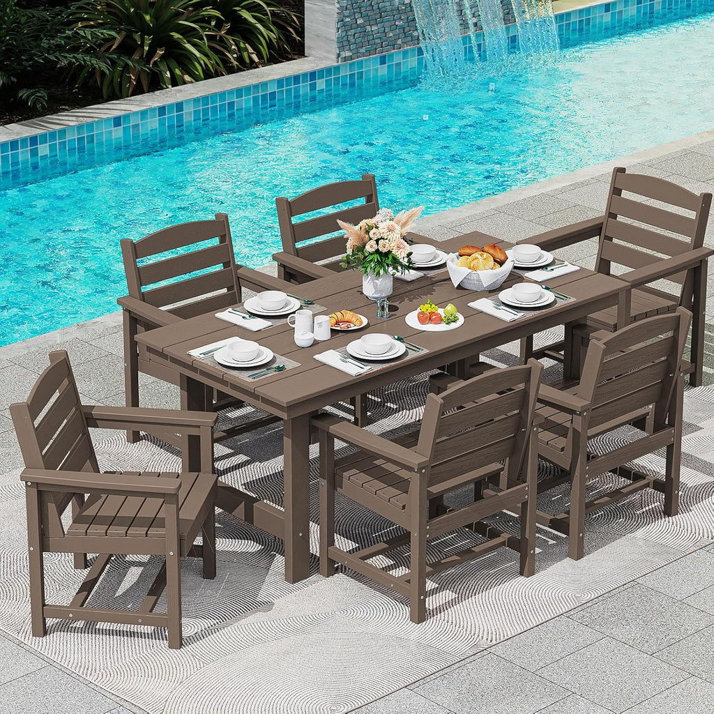 SERWALL 7-Piece Patio Table Set, Outdoor HDPE Dining Furniture with Umbrella Hole, All Weather Table and Chairs for Lawn, Garden, Poolside, Aruba(7 Piece + RedWhite Cushion/Aruba)