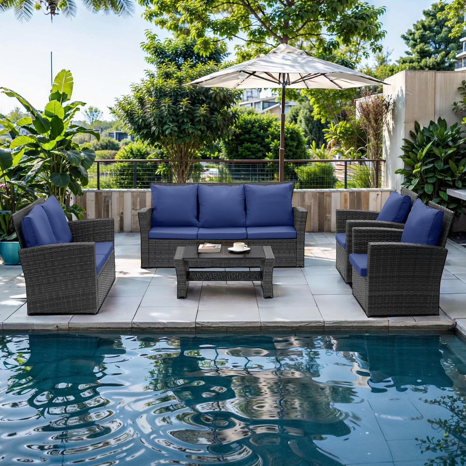 Wisteria Lane 4 Piece Outdoor Patio Furniture Sets, Wicker Conversation Set for Porch Deck, Grey Rattan Sofa Chair with Cushion （Blue(5/Blue)