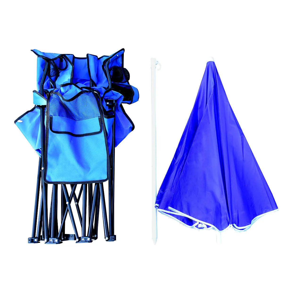 Double Folding Picnic Chairs Umbrella Mini Table Beverage Holder Carrying Bag(Blue)