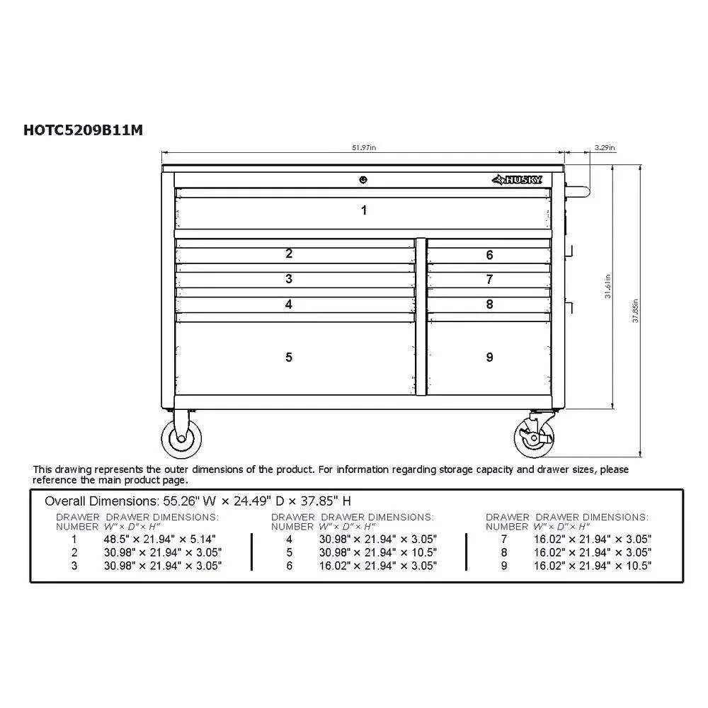 52 IN. 9-DRAWER MOBILE WORKBENCH IN GLOSS GRAY