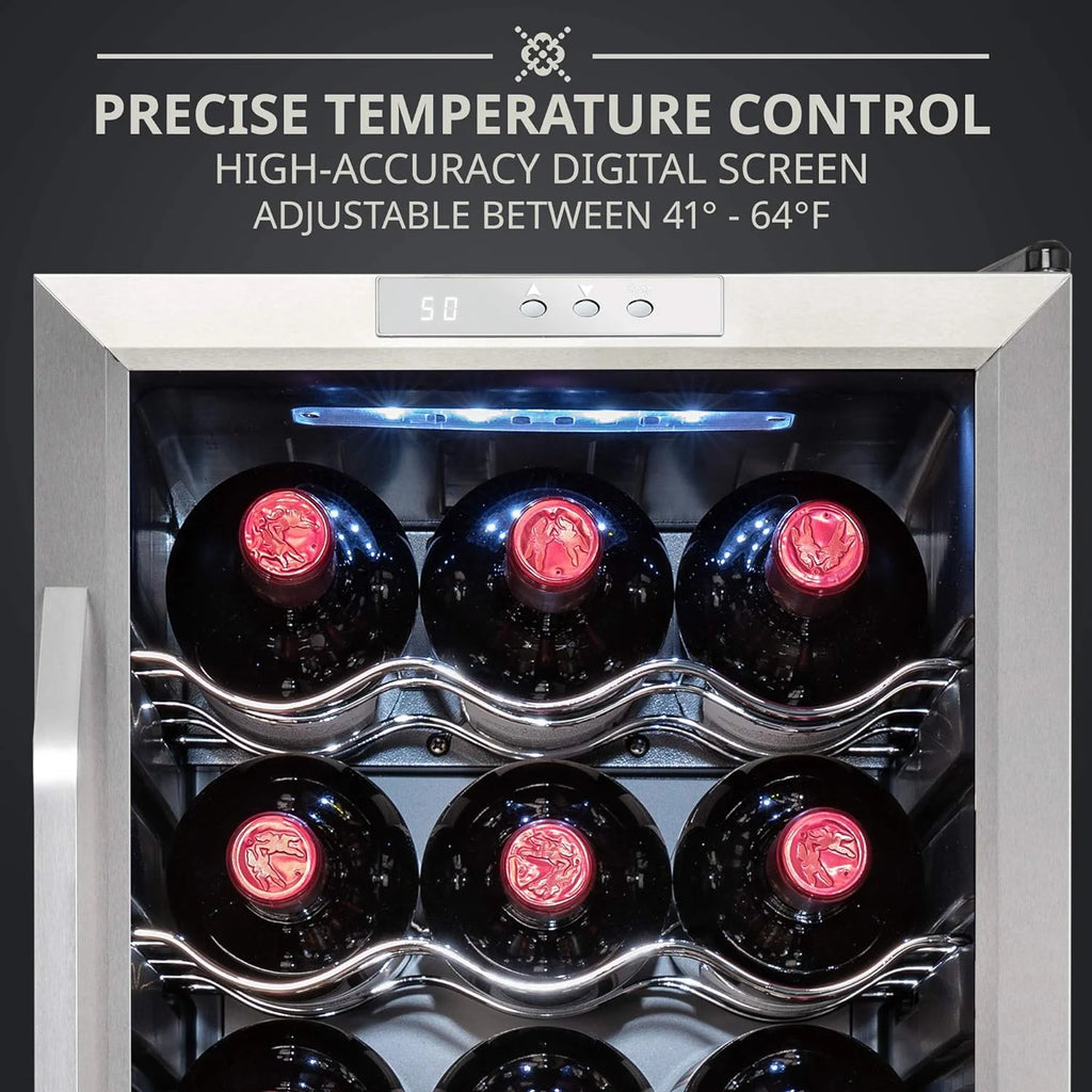 18 Bottle Compressor Wine Cooler Refrigerator w/Lock, Large Freestanding Wine Cellar For Red, White, Champagne or Sparkling Wine, 41f-64f Digital Temperature Control Fridge Glass Door Black(Stainless Steel)