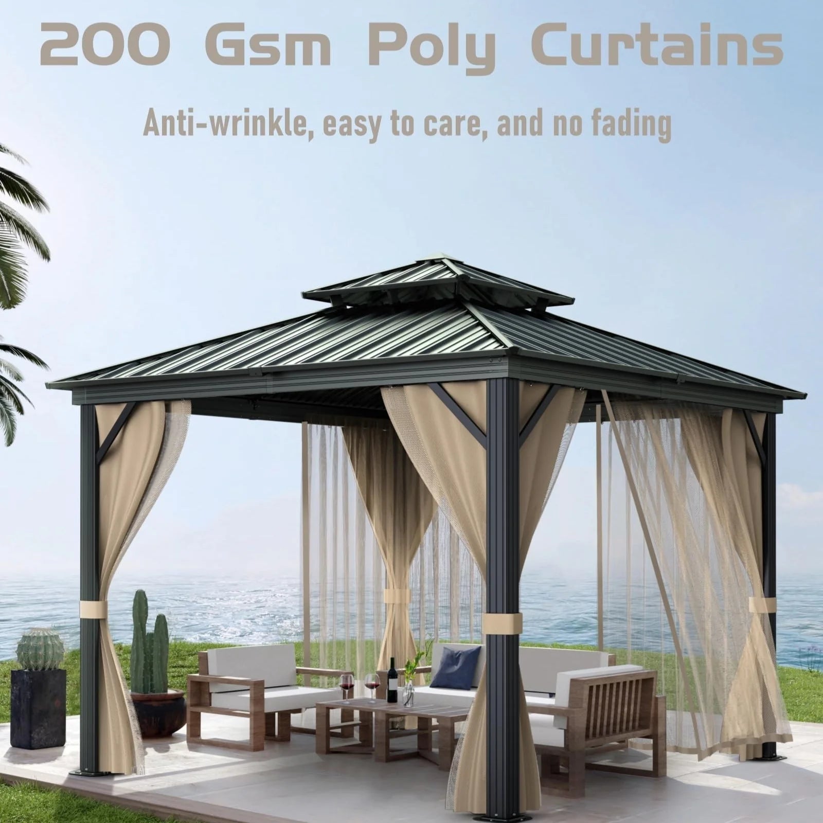 10’x10′ Hardtop Gazebo with double metal roof, aluminum frame, net, and curtain. All-weather, ideal for patio, deck, garden, backyard. Khaki.(Khaki/10x10FT)