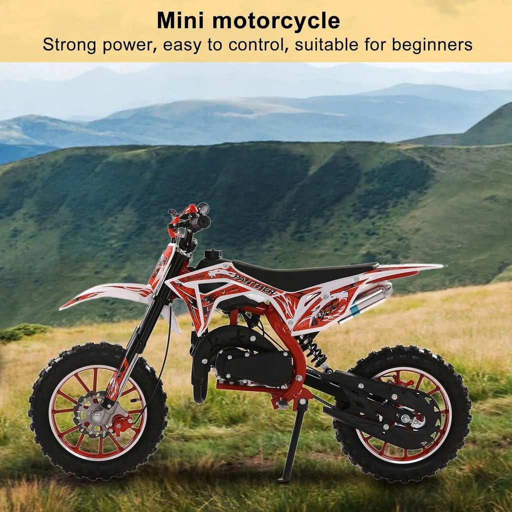 49cc Kids Dirt Bike, Gas Powered 2-Stroke Mini Motocross Motorcycle, Off-Road Dirtbike for Kids 8-14 with Front/Rear Disc Brakes, Shock Absorption, Soft Seat Cushion(Red-a)