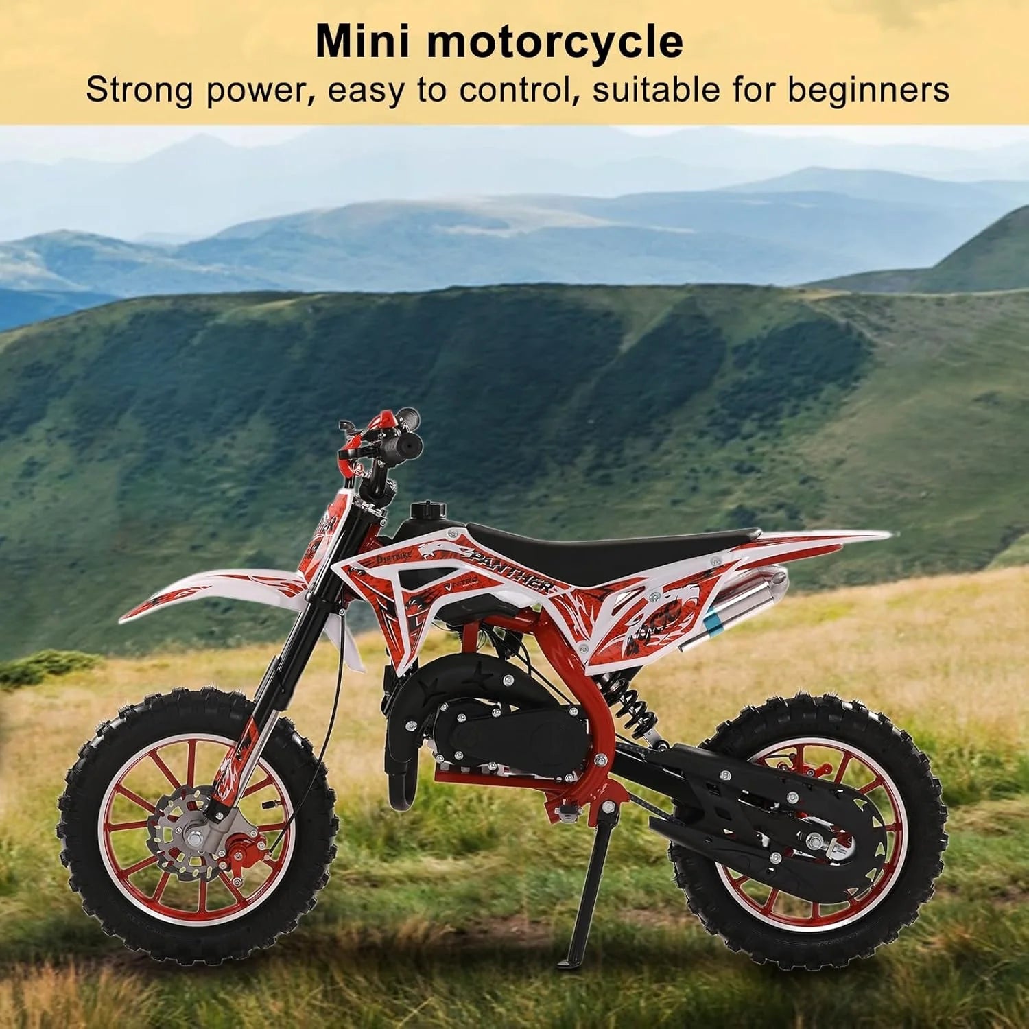 49cc Kids Dirt Bike, Gas Powered 2-Stroke Mini Motocross Motorcycle, Off-Road Dirtbike for Kids 8-14 with Front/Rear Disc Brakes, Shock Absorption, Soft Seat Cushion(Red-a)