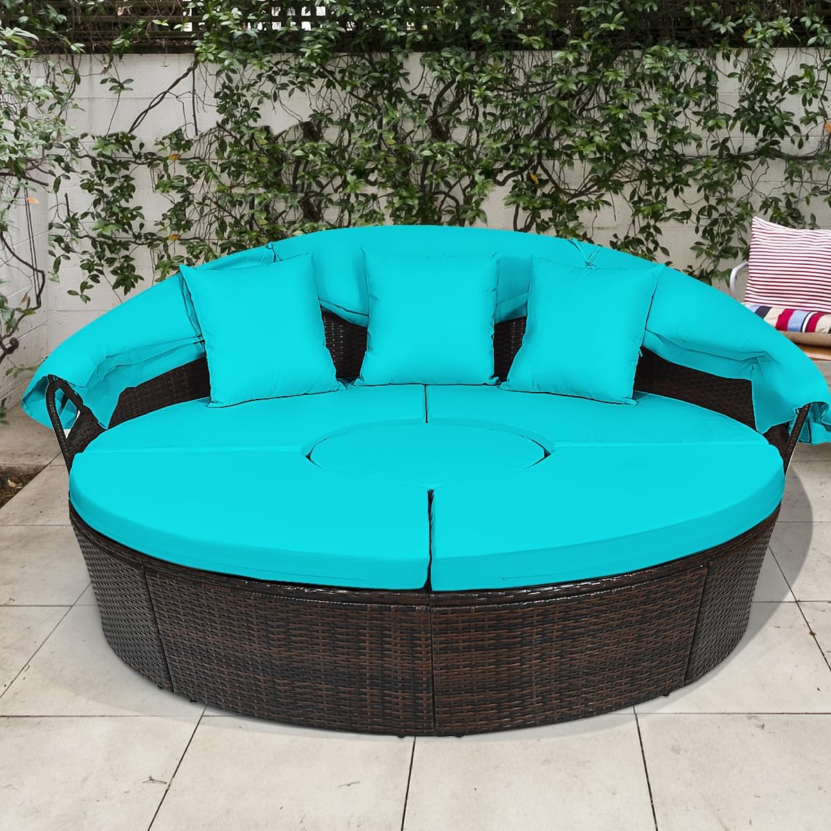 Green Rattan Round Outdoor Daybed with Canopy, Cushions  Adjustable Coffee Table(Off-white)