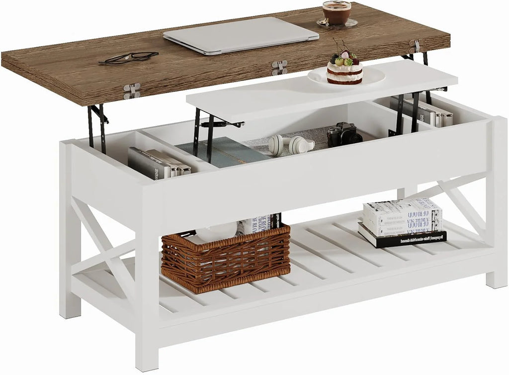 Multi-Function Convertible Coffee Table with Storage and Hidden Compartment, Converts to Dining Table, 40 White  Brown(Black  Espresso)