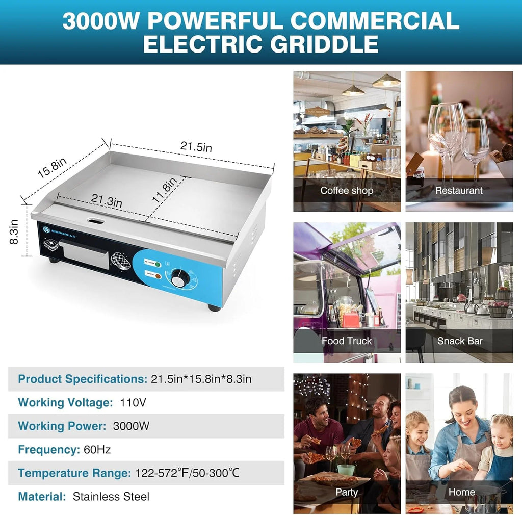 Commercial Griddle Electric 29", 4400W Electric Countertop Griddle Flat Top Grill, Nonstick Stainless Steel Teppanyaki Grill with Dual Temperature Control for Restaurant (Without Plug)(29 Inch/Blue Panel)
