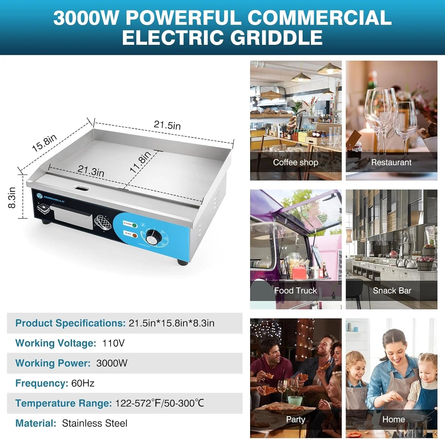 Commercial Griddle Electric 29", 4400W Electric Countertop Griddle Flat Top Grill, Nonstick Stainless Steel Teppanyaki Grill with Dual Temperature Control for Restaurant (Without Plug)(29 Inch/Blue Panel)