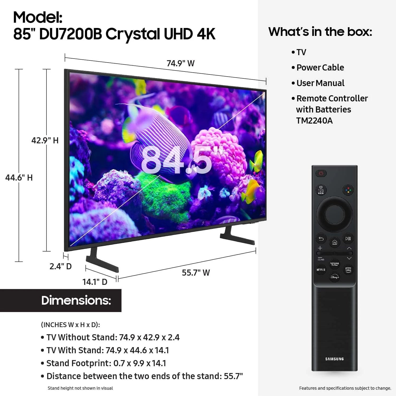 Samsung 85" Crystal UHD 4K Smart TV DU7200B with PurColor, HDR, and Tizen OS  2024 Model