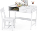 Kids Desk and Chair Set, Wooden Children School Study Table and Chair w/Storage Drawer  Hutch, Student Writing Desk Computer Workstation for Bedroom, Gift for 3+ Years Old (White)(White)