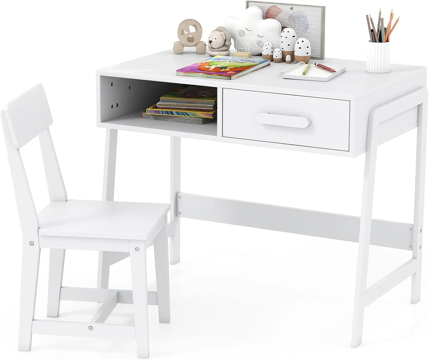 Kids Desk and Chair Set, Wooden Children School Study Table and Chair w/Storage Drawer  Hutch, Student Writing Desk Computer Workstation for Bedroom, Gift for 3+ Years Old (White)(White)