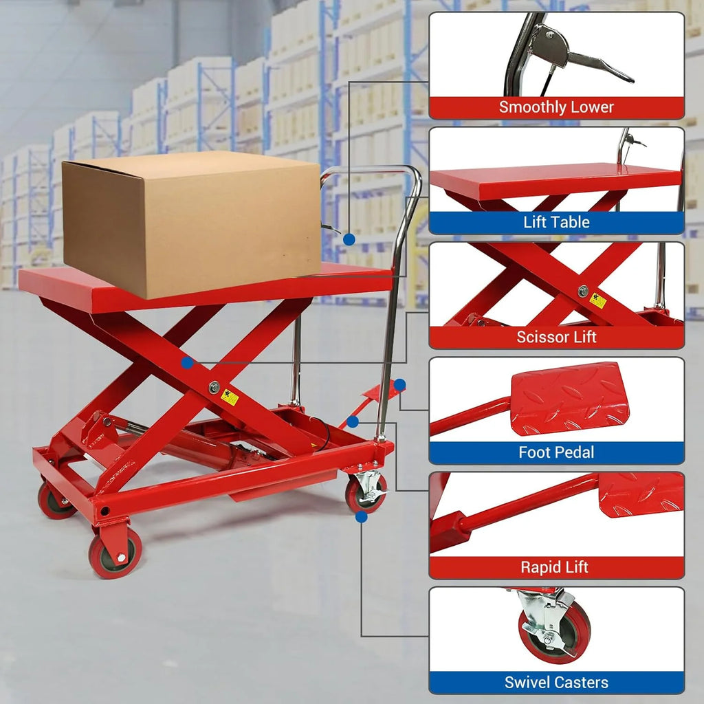 660LBS Hydraulic Lift Table Cart – 31" Lift Height, Double Scissor Design with 4 Wheels  Non-Slip Pad for Material Handling(500LBS)