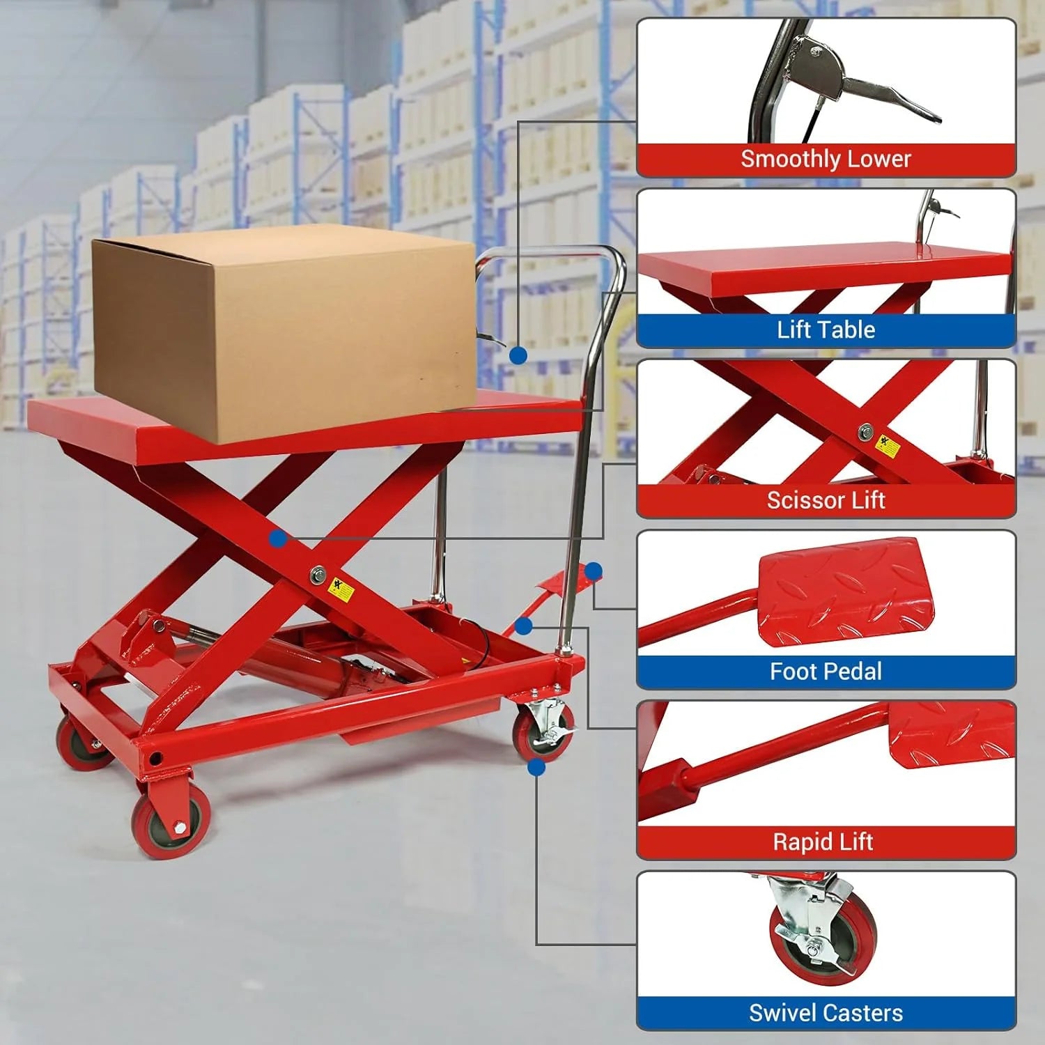 660LBS Hydraulic Lift Table Cart – 31" Lift Height, Double Scissor Design with 4 Wheels  Non-Slip Pad for Material Handling(500LBS)