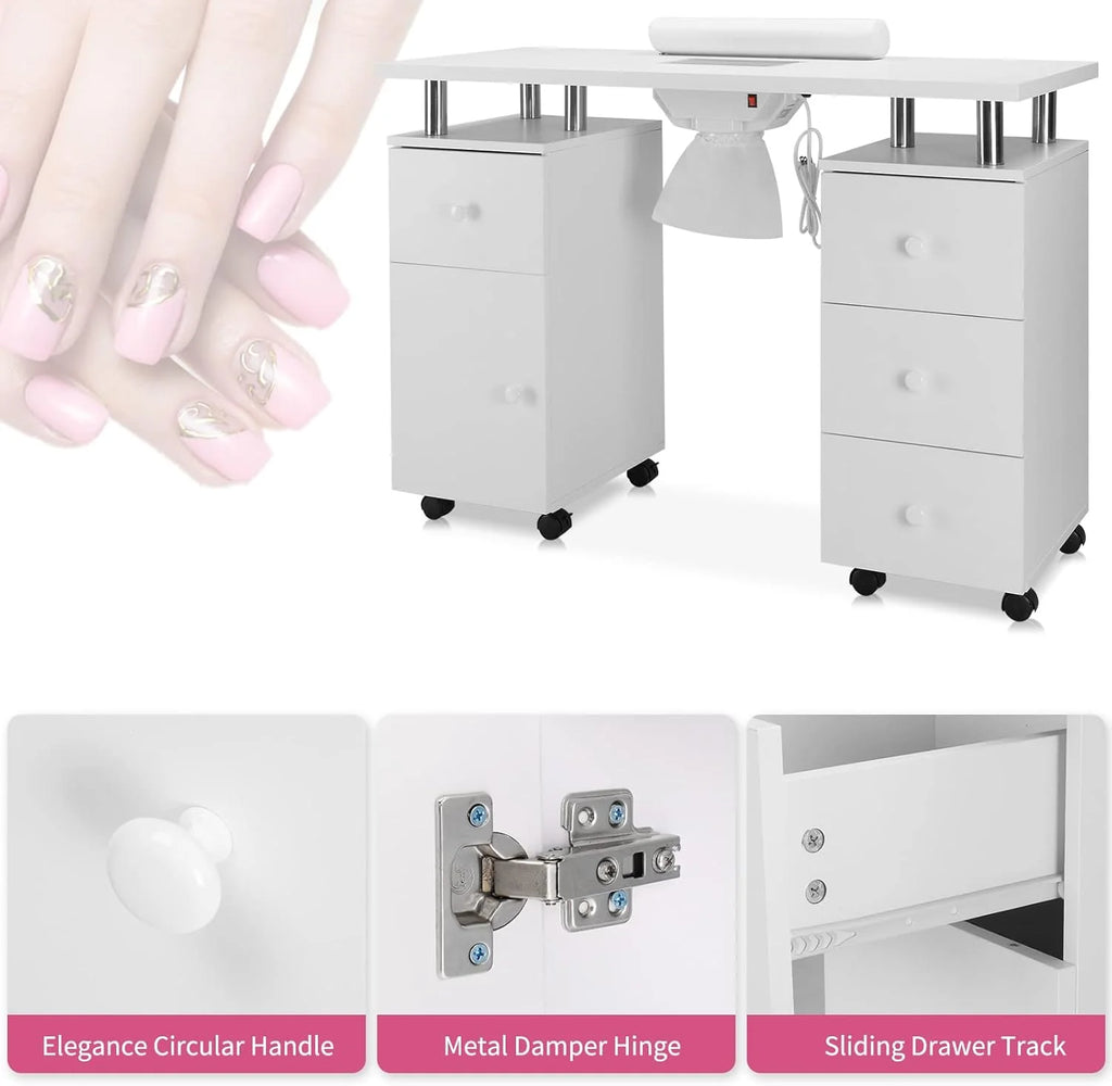Manicure Table Nail Desk for Nail Tech w/Electric Dust Collector  Wrist Rest, Acetone Resistant Top Beauty Salon Nail Supplies Decor Station w/Lockable Wheels, Cabinet, Drawer (White)(White)