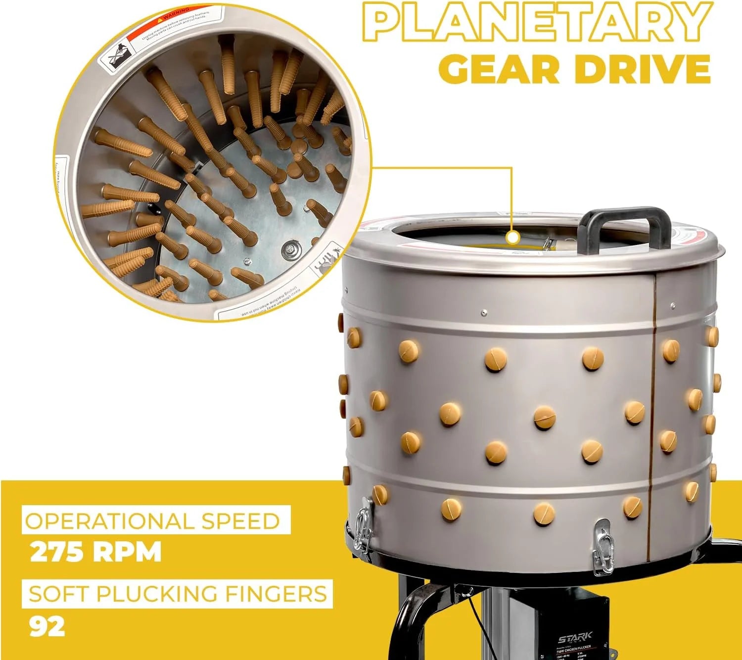 750W Chicken Plucker Poultry De-Feather Remover with 92 Soft Fingers Feather Plucking Machine 20" Drum Stainless Steel