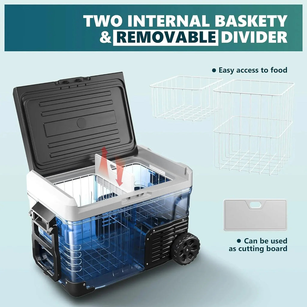 12 Volt Refrigerator, 53QT(50L) Electric Cooler, Portable Freezer 12V/24V DC 110-240V AC, 12V Fridge -4~68, 12V Cooler with Wheels  2 Baskets for Travel, Truck, Boat, Camping(37 Quart)